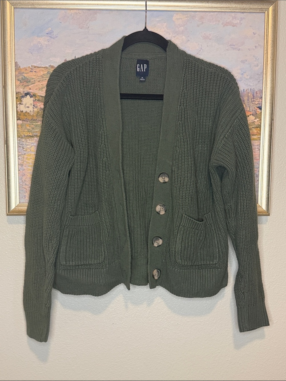 GAP Olive Ribbed Button-Front Cardigan size medium (bin12)